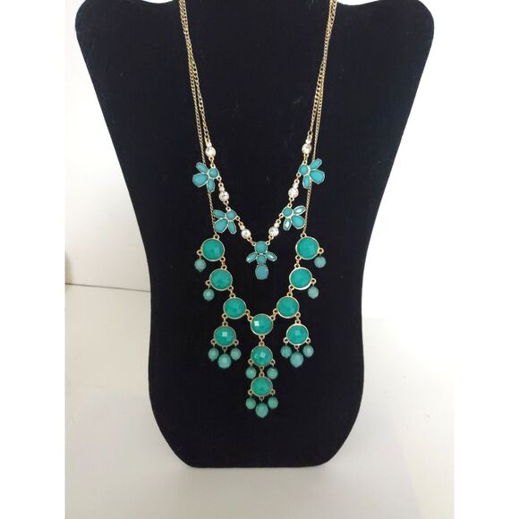 Acrylic And Rhinestone Layered Necklace Boho Statement Evening Turquoise Blue - Picture 1 of 8